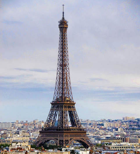 Aerial view of the Eiffel Tower and surrounding Paris cityscape.