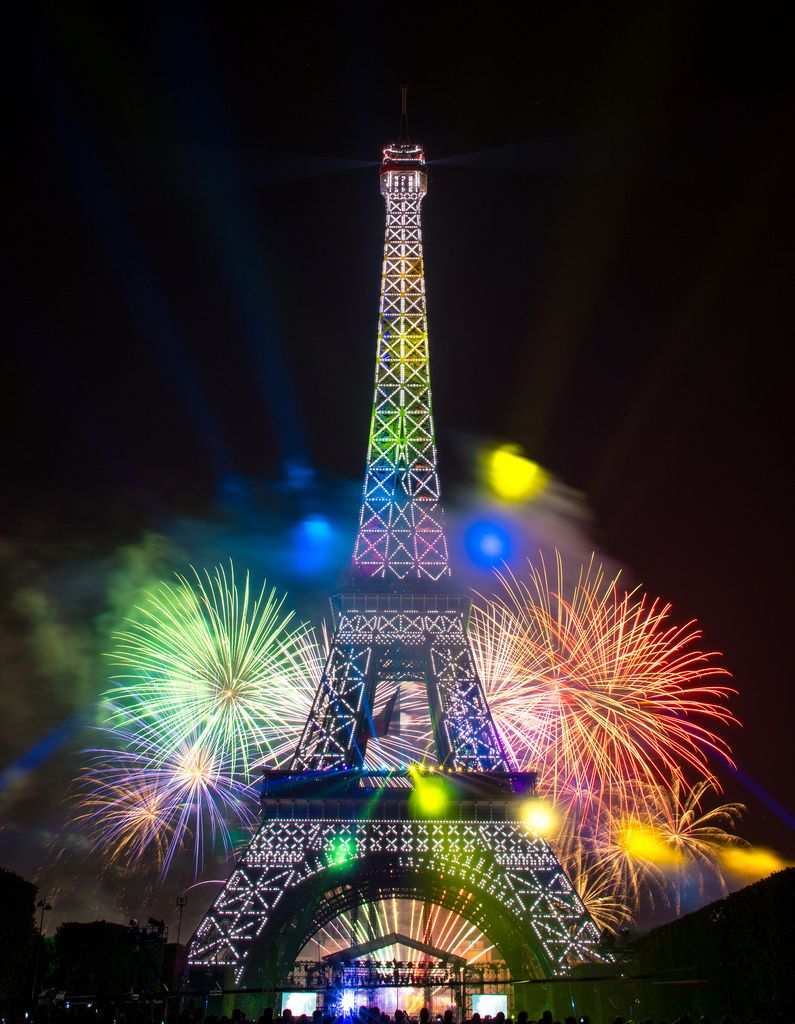 Eiffel tower at night with fireworks